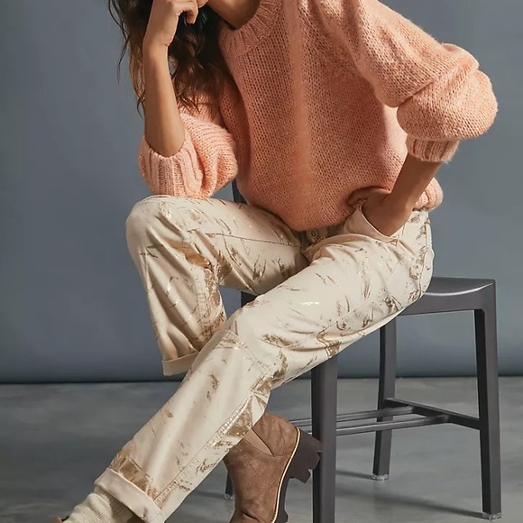 Anthropologie The Wanderer Gold Foil Print Pants Beige High Rise Straight Leg 26 - Picture 7 of 7